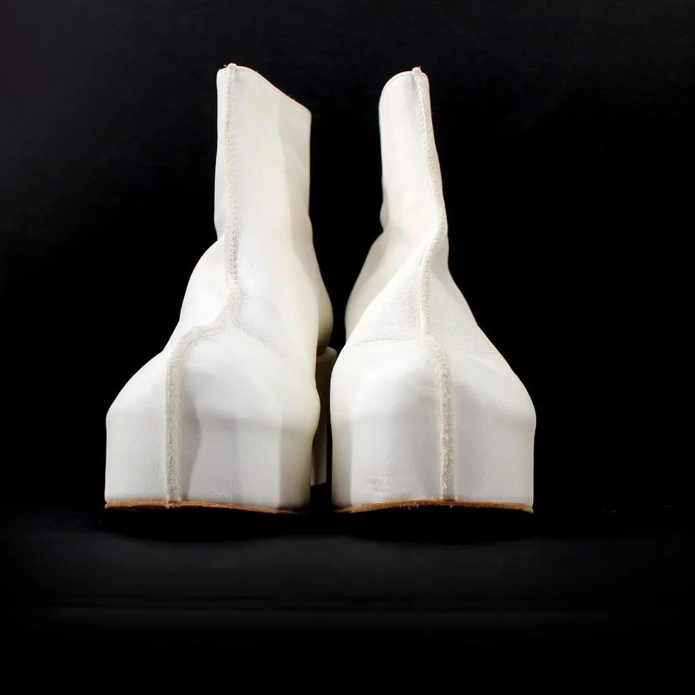 MOMA Platform Boots White Leather Handmade Block Heel Zip Back Seam SZ 39/10